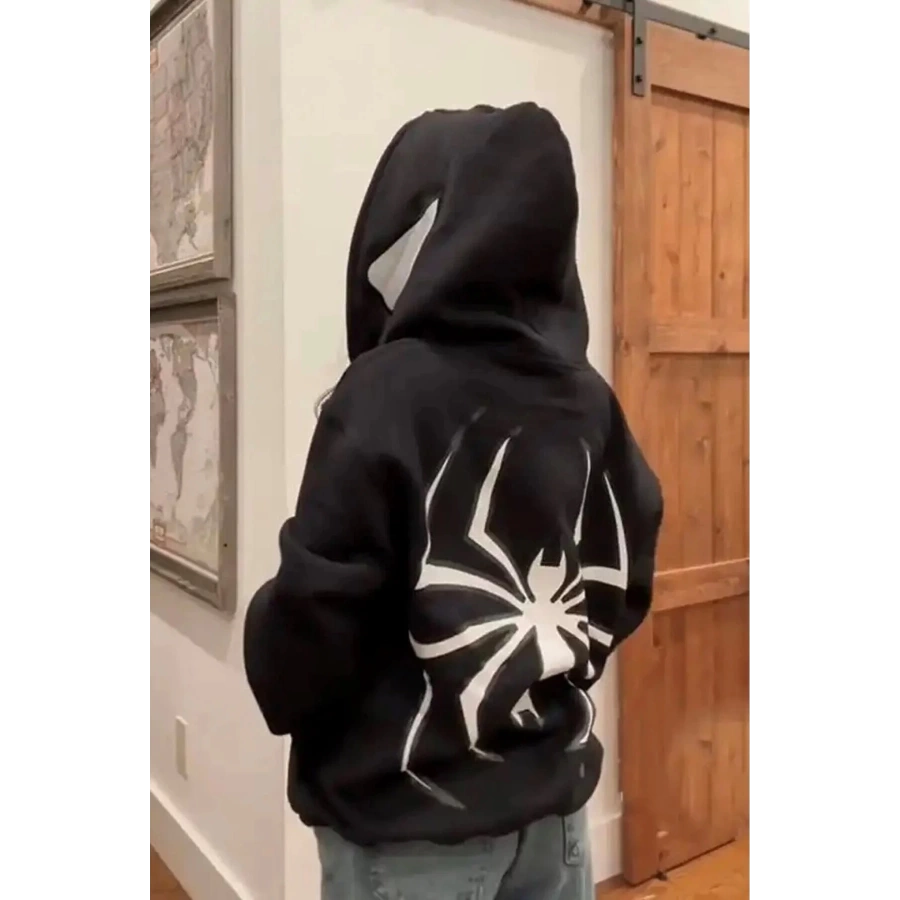 Spider-man Örümcek Adam Maske Kapüşonlu Oversize Yumuşak Siyah Unisex Hoodie Hırka