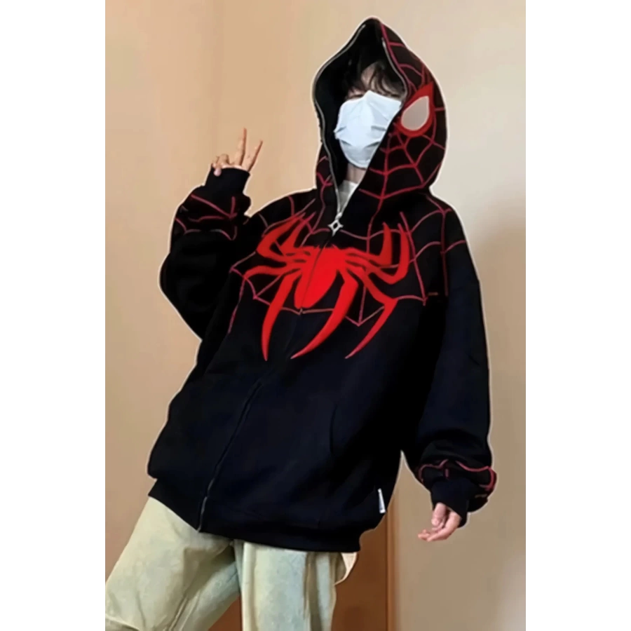 Siyah Kapüşonlu Kırmızı Spiderman Maske Hırka