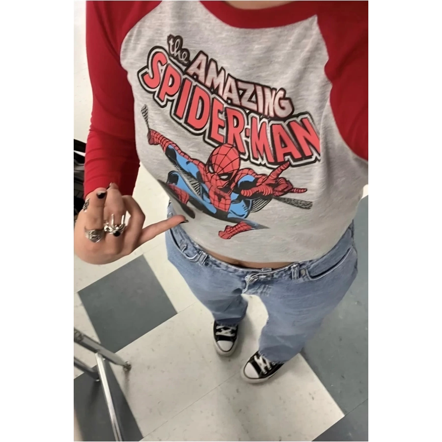 The Amazing Spider Man Desing Bluz Kırmızı Gri Yarım Kadın T-shirt Crop