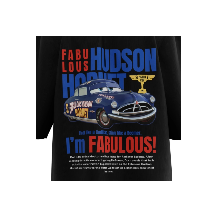 Fabulous Hudson Hornet Car Detail Önü Düz Siyah Tekli Oversize Unisex T-shirt