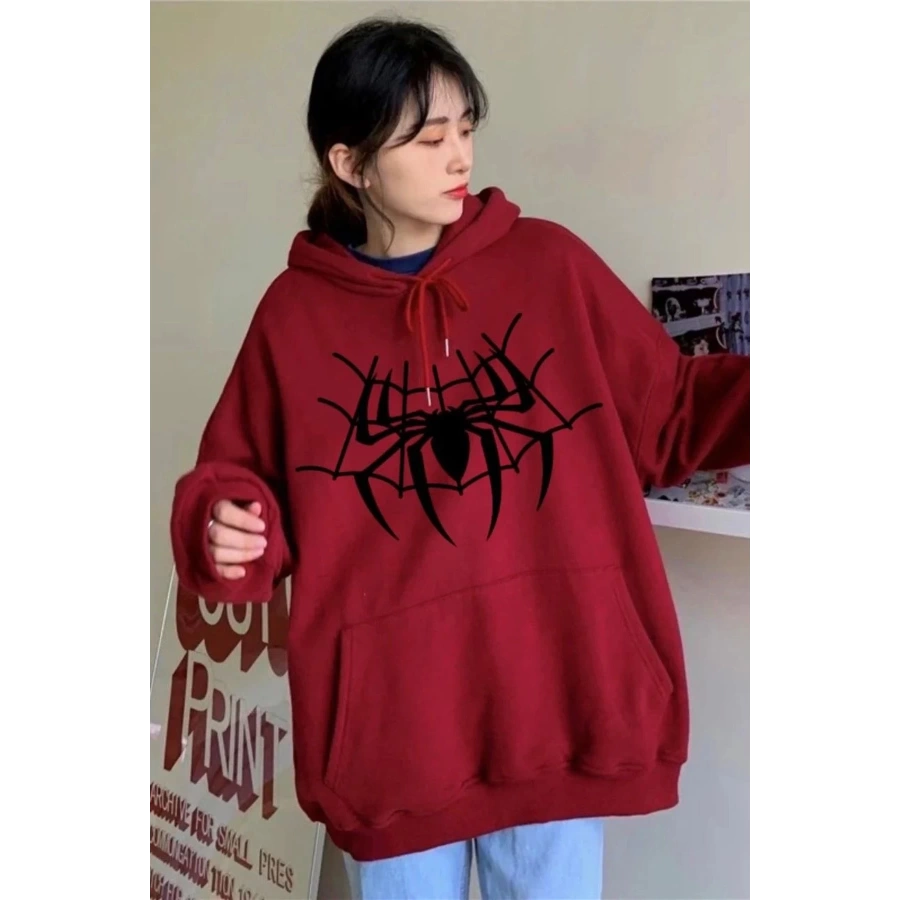 Kırmızı Kapüşonlu Spiderman Ağ Şardonlu Oversize Sweatshirt
