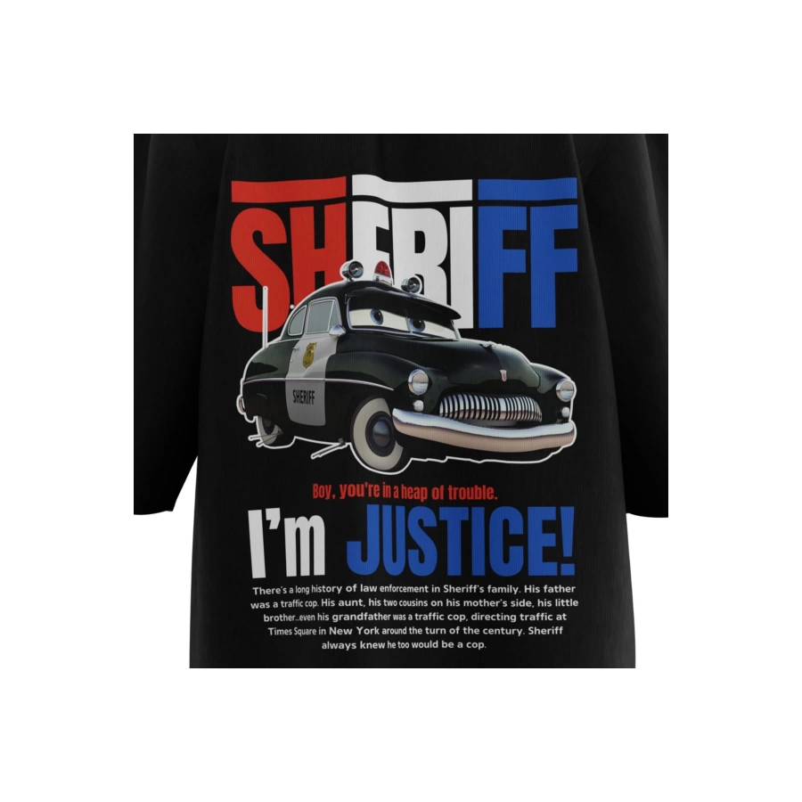 Sheriff Car Detail Önü Düz Siyah Tekli Oversize Unisex T-shirt