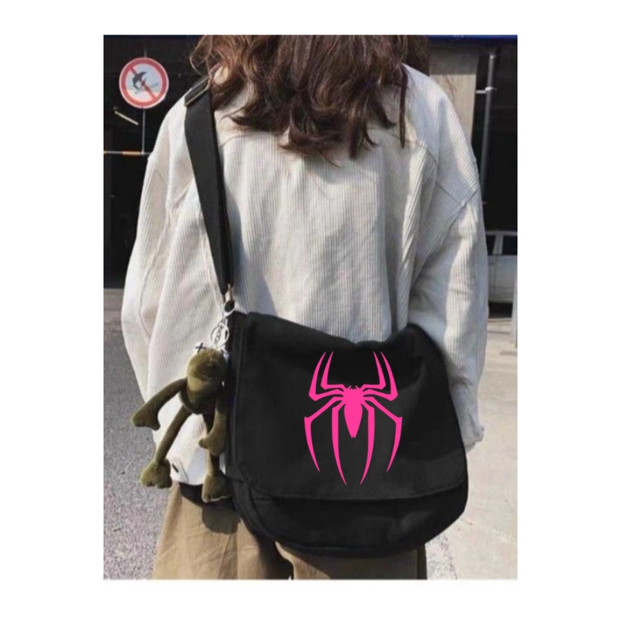 Siyah Pembe Örümcek Spiderman Baskılı Unisex Askılı Postacı Çanta