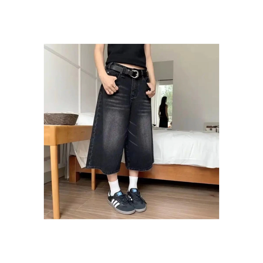 Siyah Yıkamalı Unisex Baggy Oversize Kalıp Kot Pantolon Şort