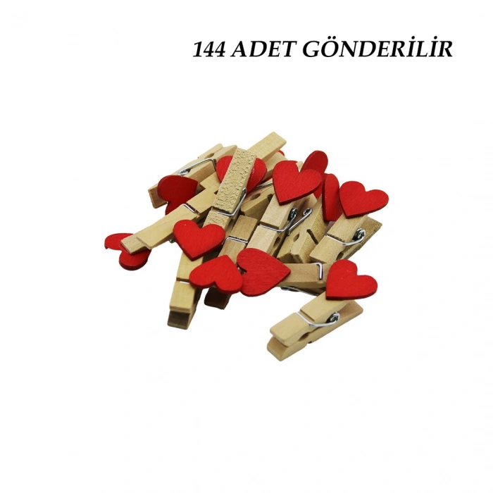 144 Adet Mini Kalpli Ahşap  Fotoğraf - Süs - Sunum Mandalı  (5148)