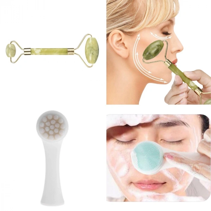 2'li Set Çift Taraflı Cilt Temizleme Fırçası ve Yeşim Taşı Çift Taraflı Cilt Masaj Aleti (5148)