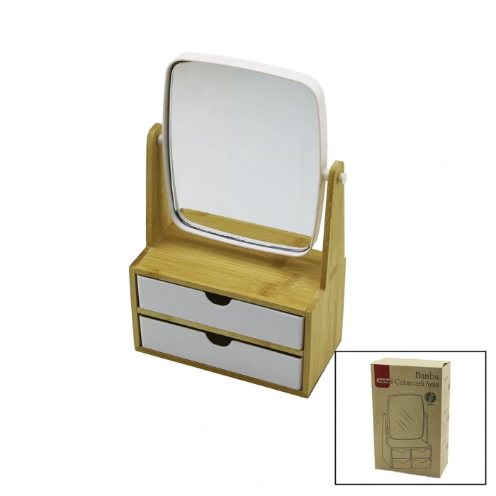 2 Çekmeceli Bambu Ahşap Standlı=9x9.9x17.8x21.5cm Makyaj Aynası=15x18cm Takılık 1+1 Organizer (5148)