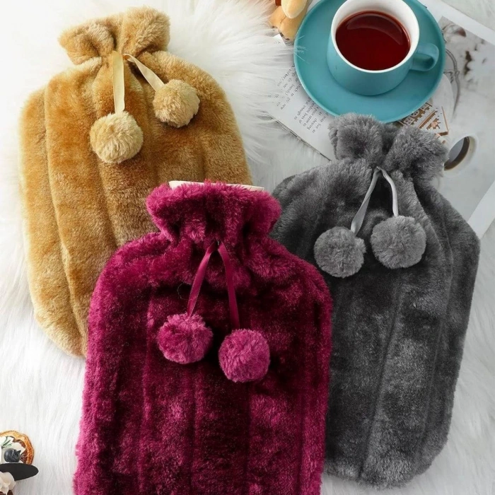 2 Litre Ponponlu Peluş Sıcak Su Torbası 1.Sınıf Kauçuk Malzeme (5148)