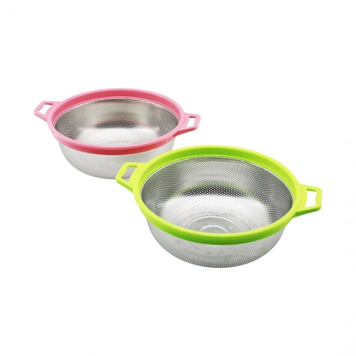 24cm Renkli Plastik Çerçeve - Kulplu Çelik Sepet Metal Süzgeç (5148)