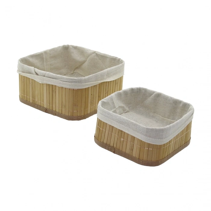 2li   Kare   Bambu Kenar  Organizer Sepet Ahşap Altlık - Bezli 21x21x10cm - 17x17x8cm (5148)