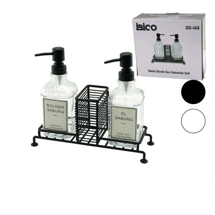 3 Pcs Metal Standlı - Cam Sıvı Sabunluk Seti Süngerlik (5148)