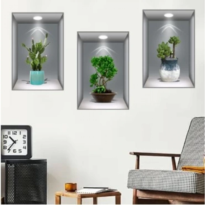 3d Çiçek Vazo Duvar Sticker 3 Lü Set Gri Fon (5148)