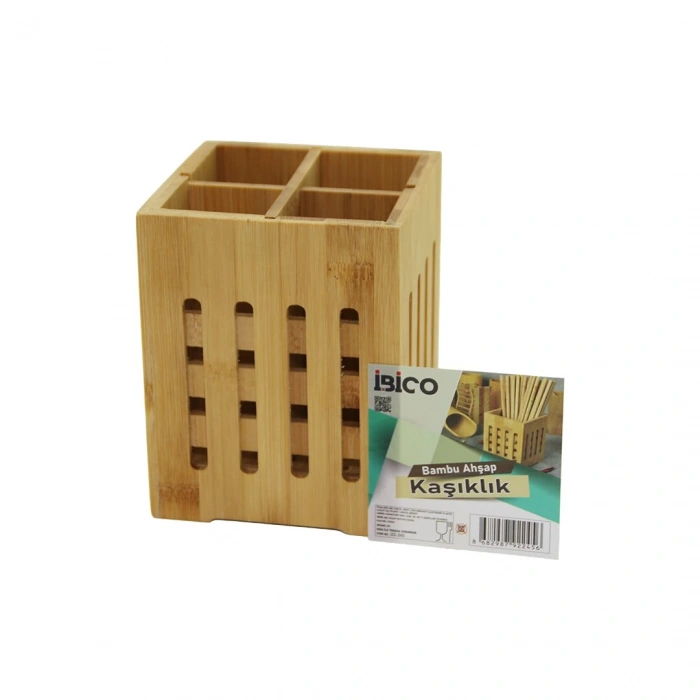 4 Bölmeli  Büyük - Pencereli  Kare=11x11cm  Ahşap Bambu Kaşıklık Organizer (5148)