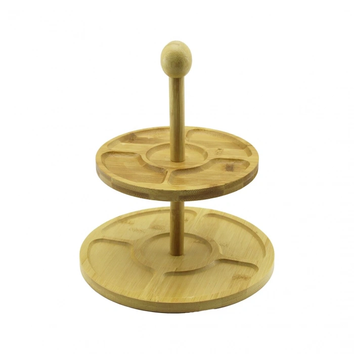 5 Bölmeli - Yuvarlak - 2 Katlı  Ahşap Bambu Sunumluk  Çap: 19.5cm -- 24.5cm (5148)