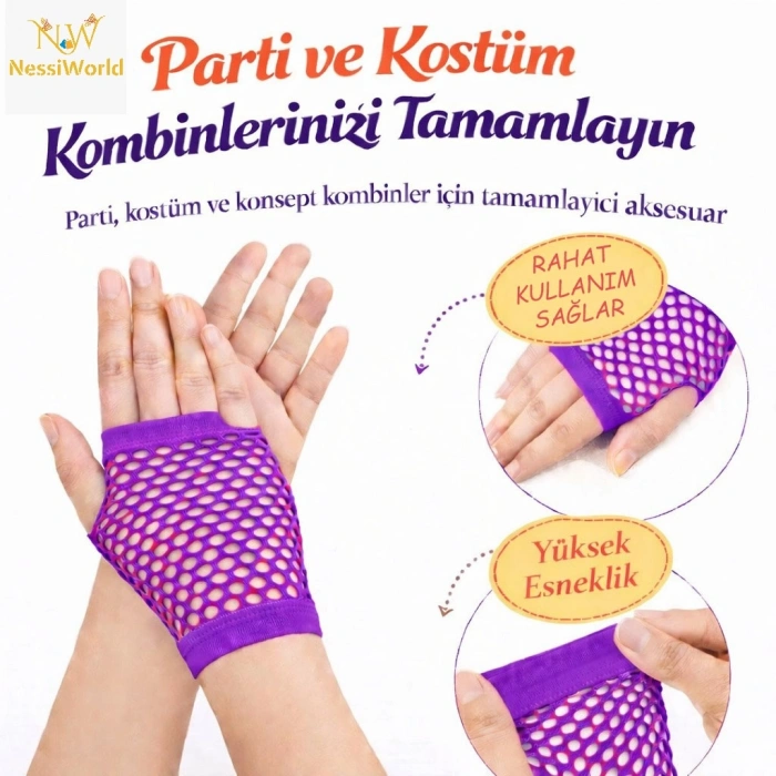 Timion 80’ler 90’lar Retro Mor File Parmaksız Kısa Eldiven 11 cm