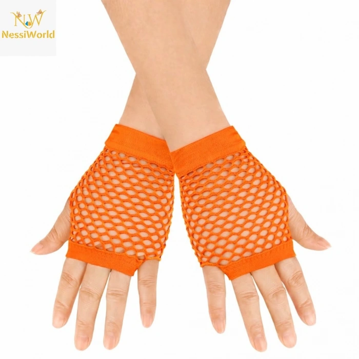 Timion 80’ler 90’lar Retro Neon Turuncu File Parmaksız Kısa Eldiven 11 cm