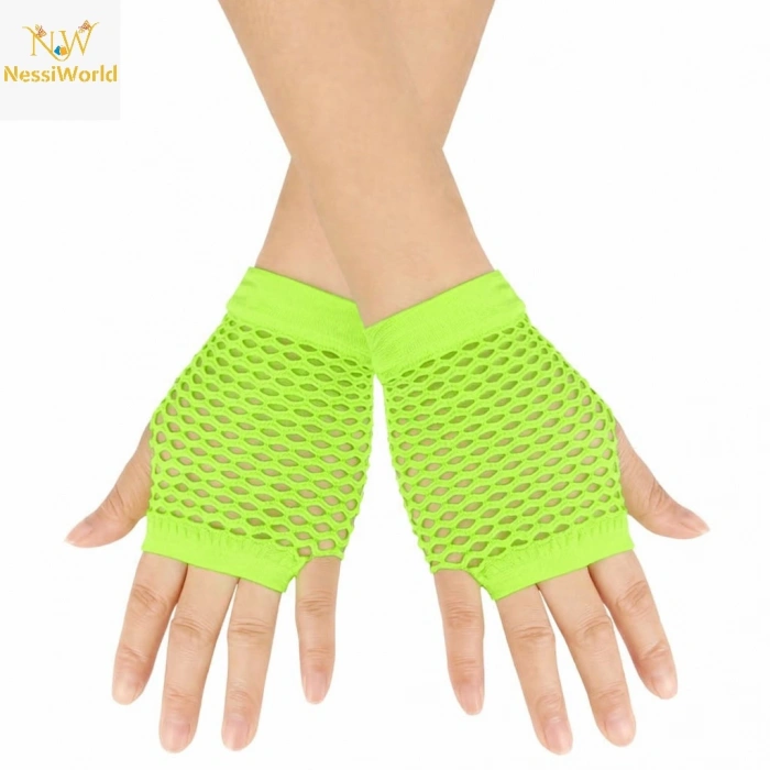 80’ler 90’lar Retro Neon Yeşil File Parmaksız Kısa Eldiven 11 cm