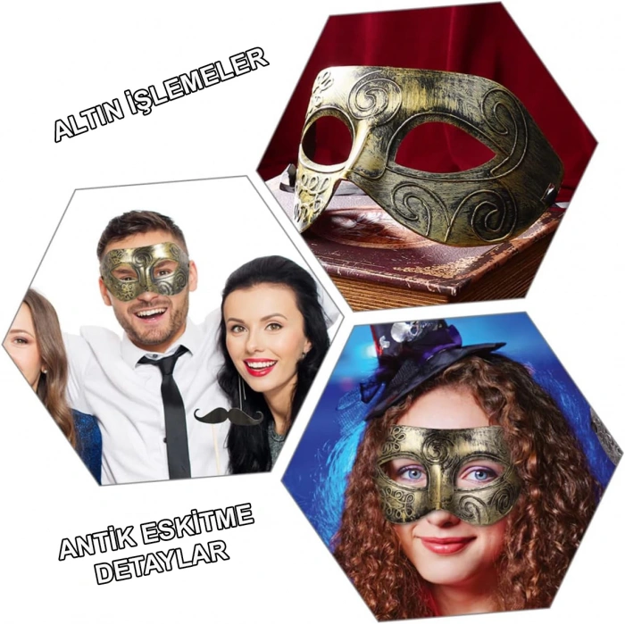 Altın Eskitme Yüz Maskesi - Antik Tarz Balo Maskesi (5148)