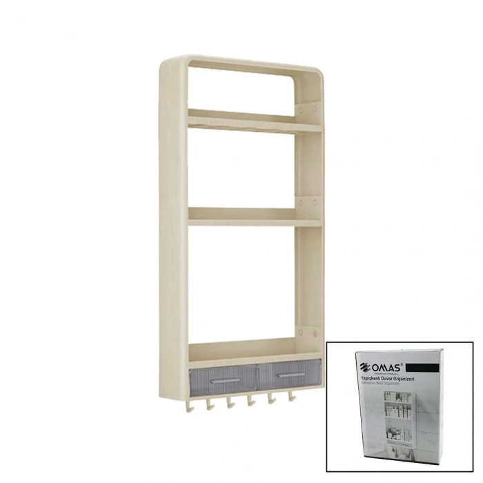 Bej Yapışkanlı Duvar Organizeri Plastik 3 Raf=14cm-19cm-30cm - 2 Çekmece=40cm - 6 Askı 19 Pcarça (5148)