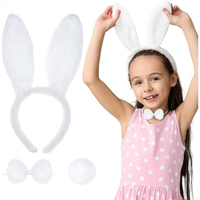 Timion Beyaz Tavşan Kostüm Seti – Taç, Papyon, Kuyruk (12’li Paket)