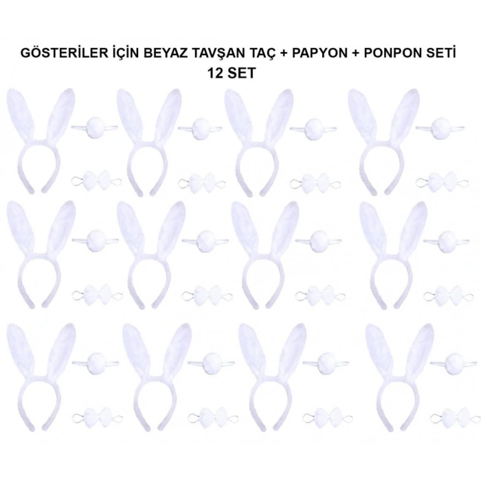 Timion Beyaz Tavşan Kostüm Seti – Taç, Papyon, Kuyruk (12’li Paket)