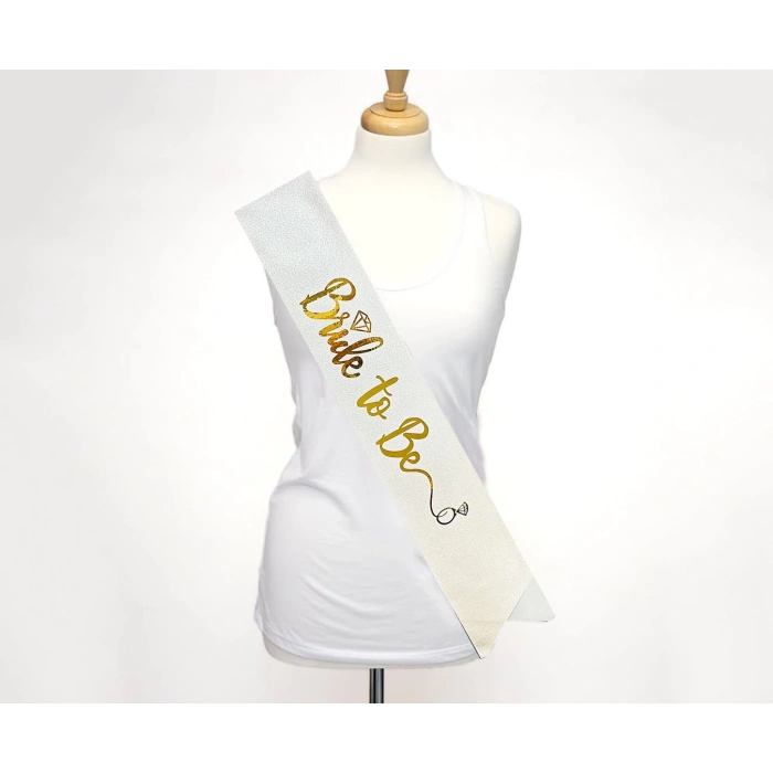 Beyaz Üzeri Altın İtalik Alyanslı Bride To Be Yazılı Simli Işıltılı Kuşak Kemer 10 cm Genişlik (5148)