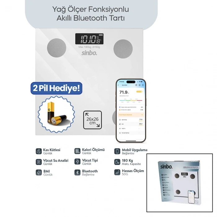 BEYAZ YAĞ ÖLÇER AKILLI BLUETOOTH CAM BASKÜL PİLLİ 180KG/50GR 26X26CM 8-KİŞİ HAFIZA LCD EKRAN ℃ GÖSTERGE SBS-4472 (5148)