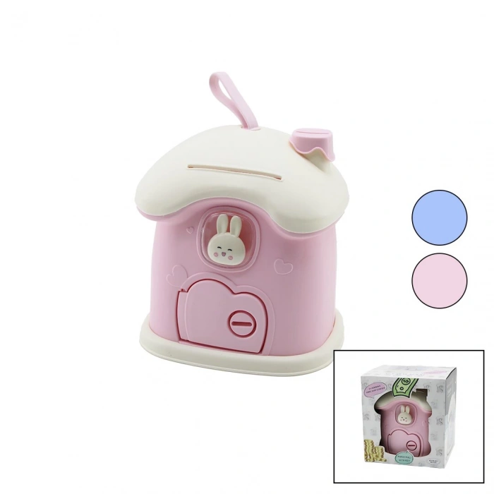 BÜYÜK=18X16X18CM EV MODELİ KİLİTLİ RENKLİ PLASTİK ÇOCUK KUMBARA TAVŞAN FİGÜRLÜ (5148)