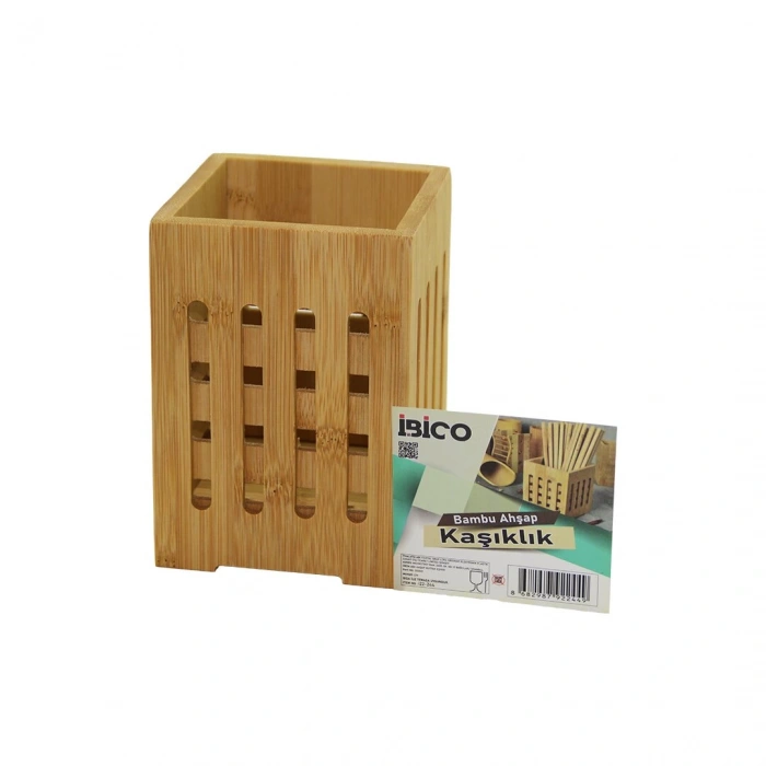 Büyük - Pencereli  Kare=10x10cm  Ahşap Bambu Kaşıklık Organizer (5148)