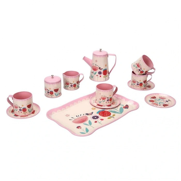Çiçek Desenli Metal Çay Seti 12 Parça