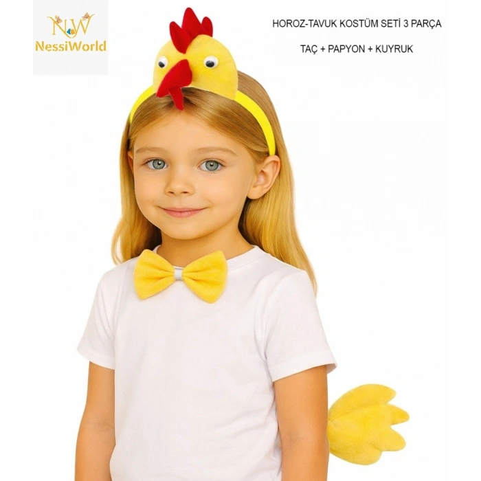 Çocuk Horoz Tavuk Kostüm Seti 3 Parça (Taç + Papyon + Kuyruk)