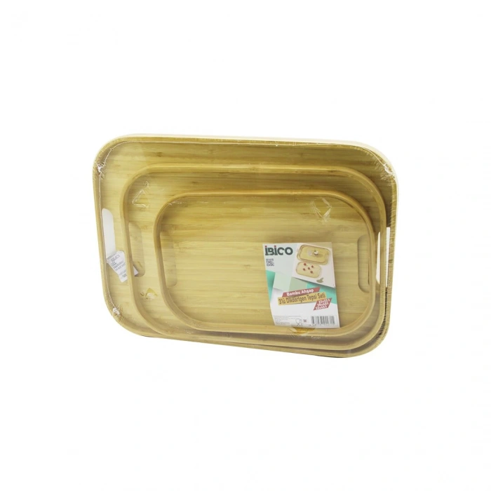 Dikdörtgen - 3 Boy Bambu Ahşap Tepsi Seti 22x33--28x40--33x45cm (5148)