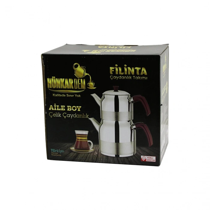 Filinta Aile Boy Çelik Çaydanlık Seti Çift Kapaklı Renkli Bakalit Kulp Üst Demlik: 1.5lt - Alt Suluk: 3lt Kendinden Süzgeçli (5148)