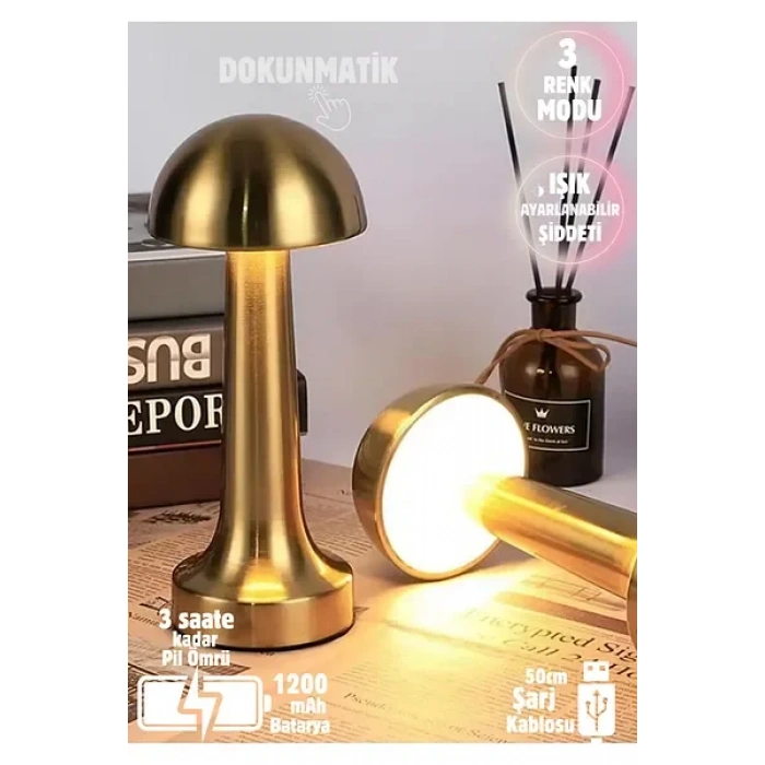 Forlife Dekoratif Şarjlı Led Mantar Masa Lambası Gold Fl-8055 (5148)