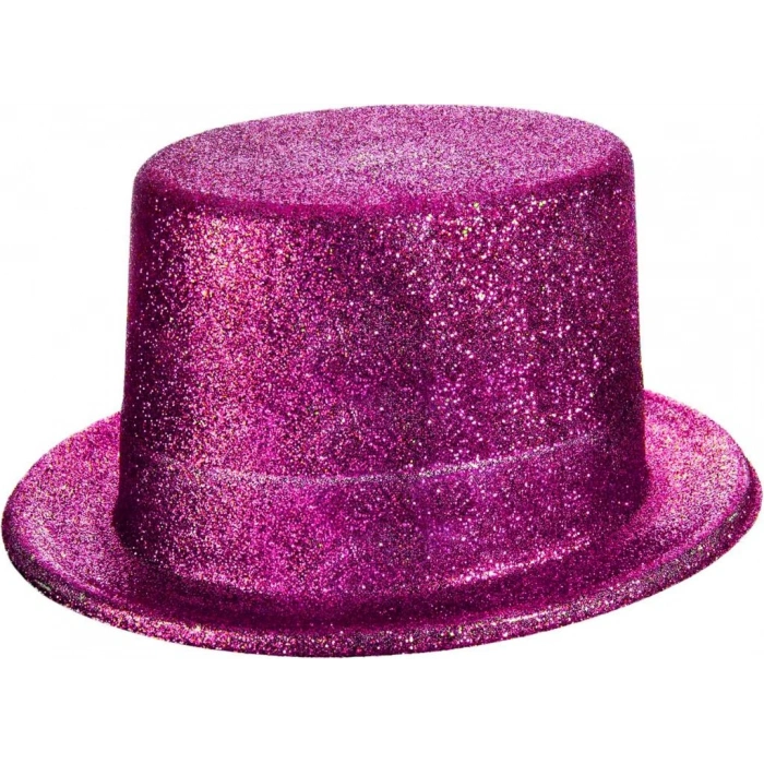 Fuşya Pembe Renk Parıltılı Simli Fötr Silindir Parti Şapkası