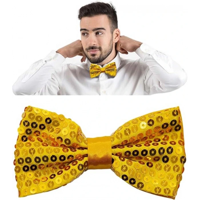 Timion Gece Işıltısı Altın Payetli Pullu Papyon 7x2 cm