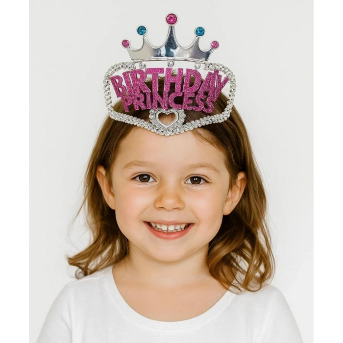 Gümüş Renk Taç Üzeri Pembe Birthday Prenses Yazılı Çocuk Parti Tacı 11X12cm