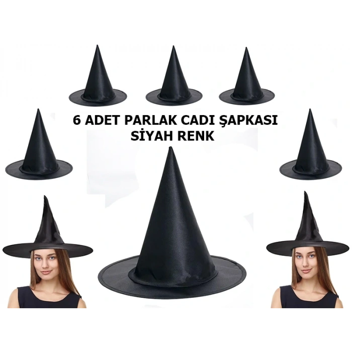 Halloween Siyah Renk Parlak Dralon Cadı Şapkası Yetişkin ve Çocuk Uyumlu 6 Adet