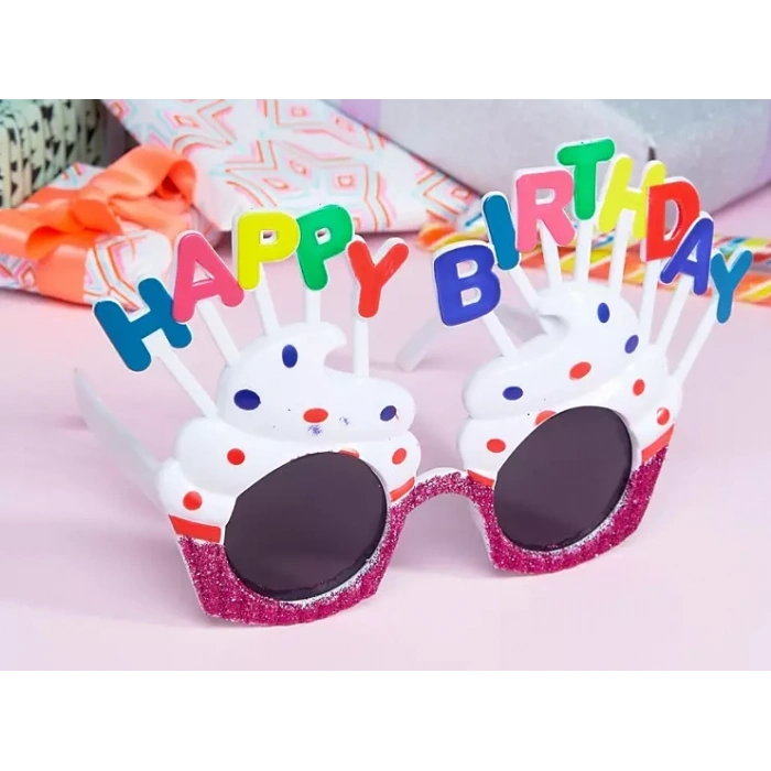 Timion Happy Birthday Yazılı Beyaz Fuşya Renk Parti Gözlüğü 12x7 cm