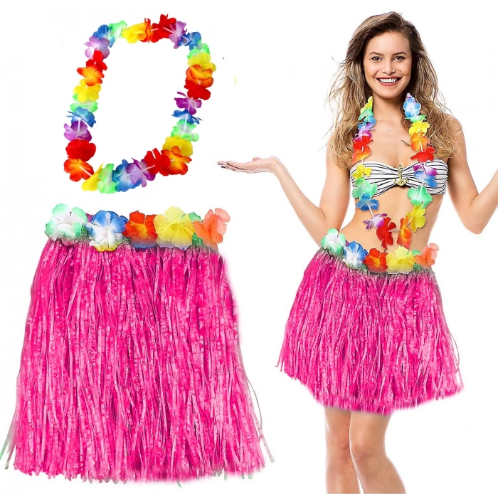 Hawaii Luau Aloha Pembe Püsküllü 40 cm Etek ve Hawaii Kolye Seti (5148)