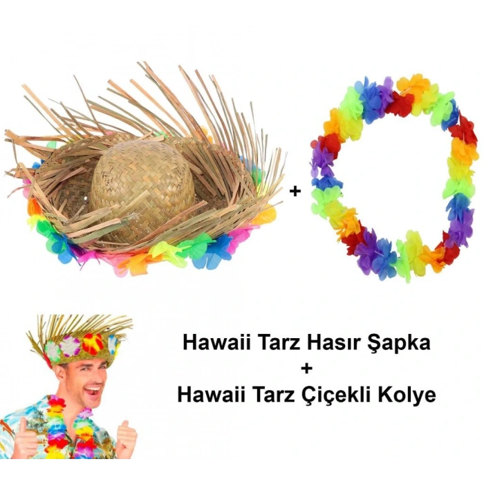 Timion Hawaii Tarzı Tropikal Çiçekli Hasır Şapka ve Çiçekli Hawaii Kolye