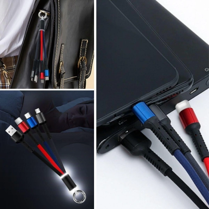 Işıklı Anahtarlık Model 3 in 1 USB Çıkışlı MİKRO,TYPE-C ve İphone Uyumlu Şarj Kablosu (5148)