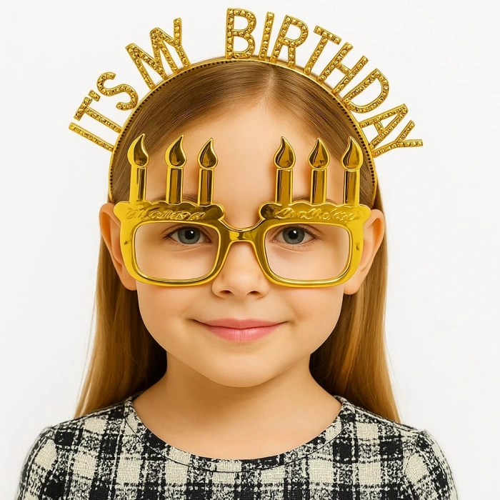 İts My Birthday Yazılı Taç ve Mum Şekilli Gözlük Seti Altın Renk NessiWorld