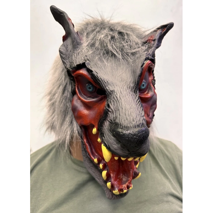 Kafaya Tam Geçmeli Lateks Dişli Ağzı Açık Kurt Maskesi (5148)