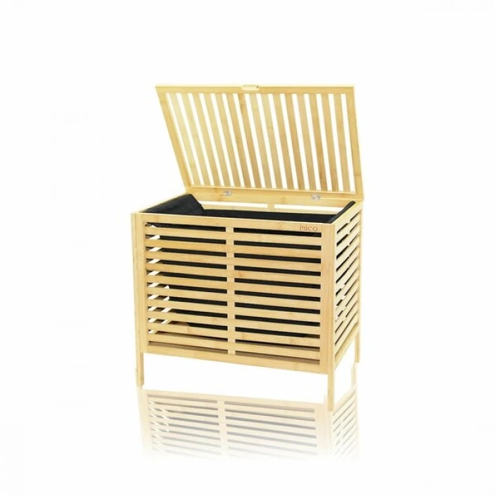 Kalın Ahşap Bambu Kirli Çamaşır Sepeti Siyah Kumaş Çantalı Sepet=50x38x55cm (5148)