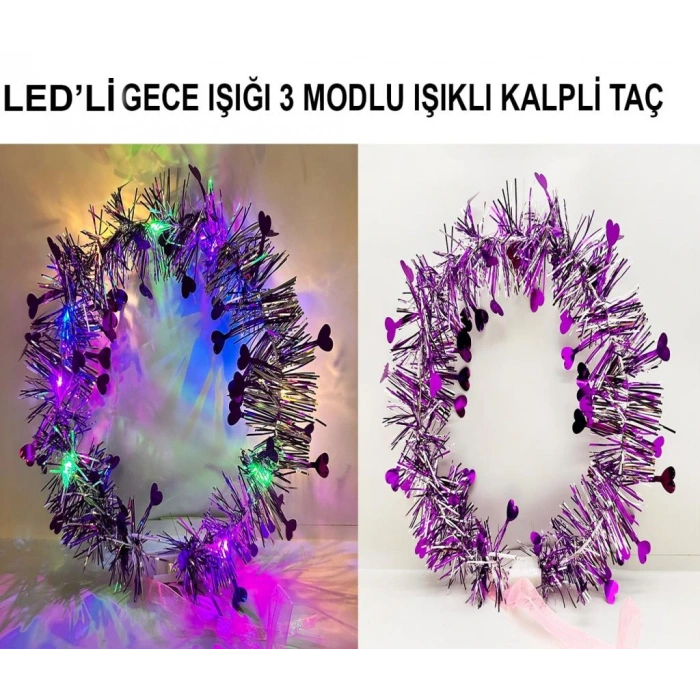 Timion Kalp Püsküllü Gece Parıltısı 3 Modlu LED li Işıklı Taç Mor Renk