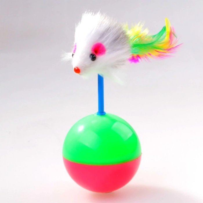 Kedi Oyun Topu Tüylü Fareli Hacı Yatmaz Eğitici Yavru Kedi Fare Kovalama Oyuncağı (5148)