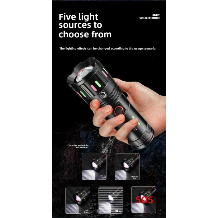 Timion Led El Feneri 2000 Lümen Usb Şarj Edilebilir Flash Işığı Yüksek Güçlü El Feneri Taktiksel Uzun Menzil El Lambası Xa-b707 (5148)