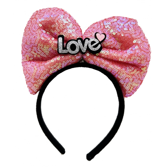 Led Işıklı 3 Farklı Fonksiyonda Yanan Gümüş Love Yazılı Fuşya Pembe Fiyonk Taç 20X17 cm (5148)