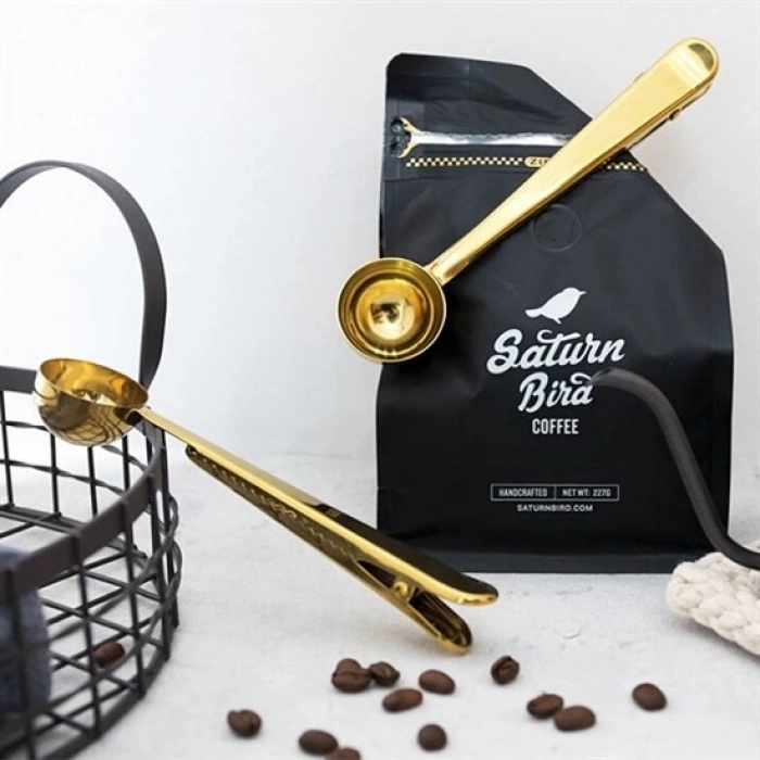 Mandallı Kahve Ölçü Kaşığı Gold Çok Fonksiyonlu Paslanmaz Çelik Kaşık (5148)